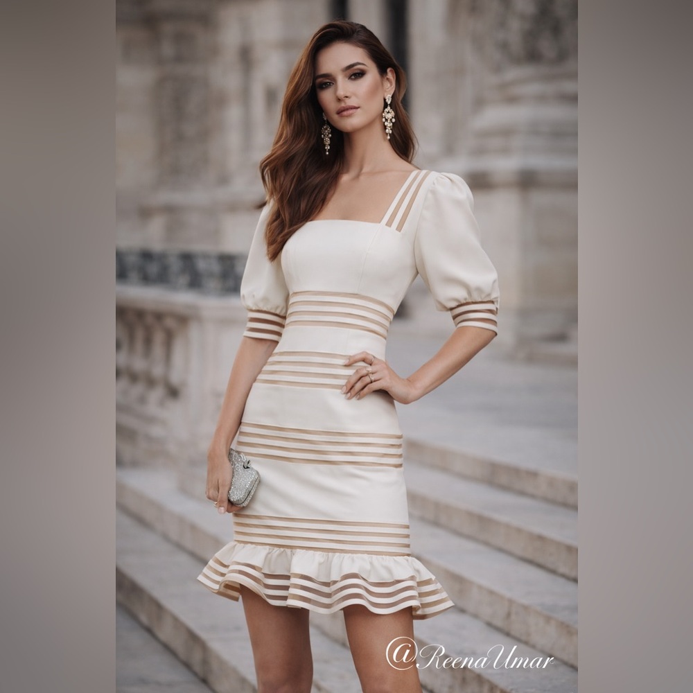 BCBGMaxAzria White Dress with Gold Stripes & Ruffle Hem – Size 0